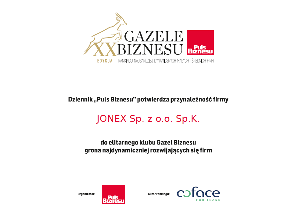 Gazele Biznesu - wyróżnienie JONEX